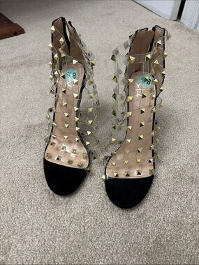 Studded Clear Strap Black Open-Toe Heels